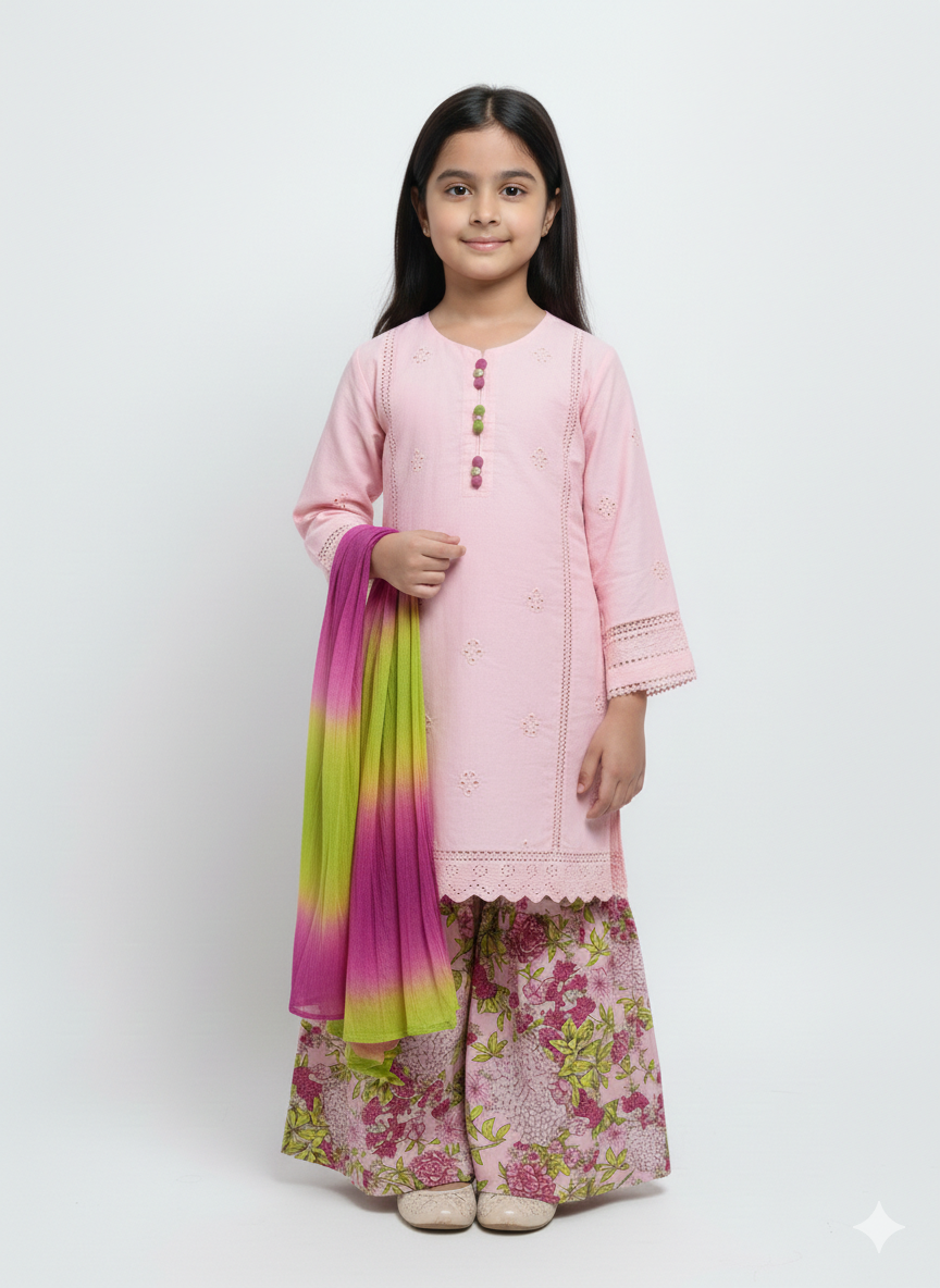 Girls' Chic Chikankari Kurta with Floral Wide-Leg Trousers and Vibrant Ombré Dupatta - 3-Piece Set