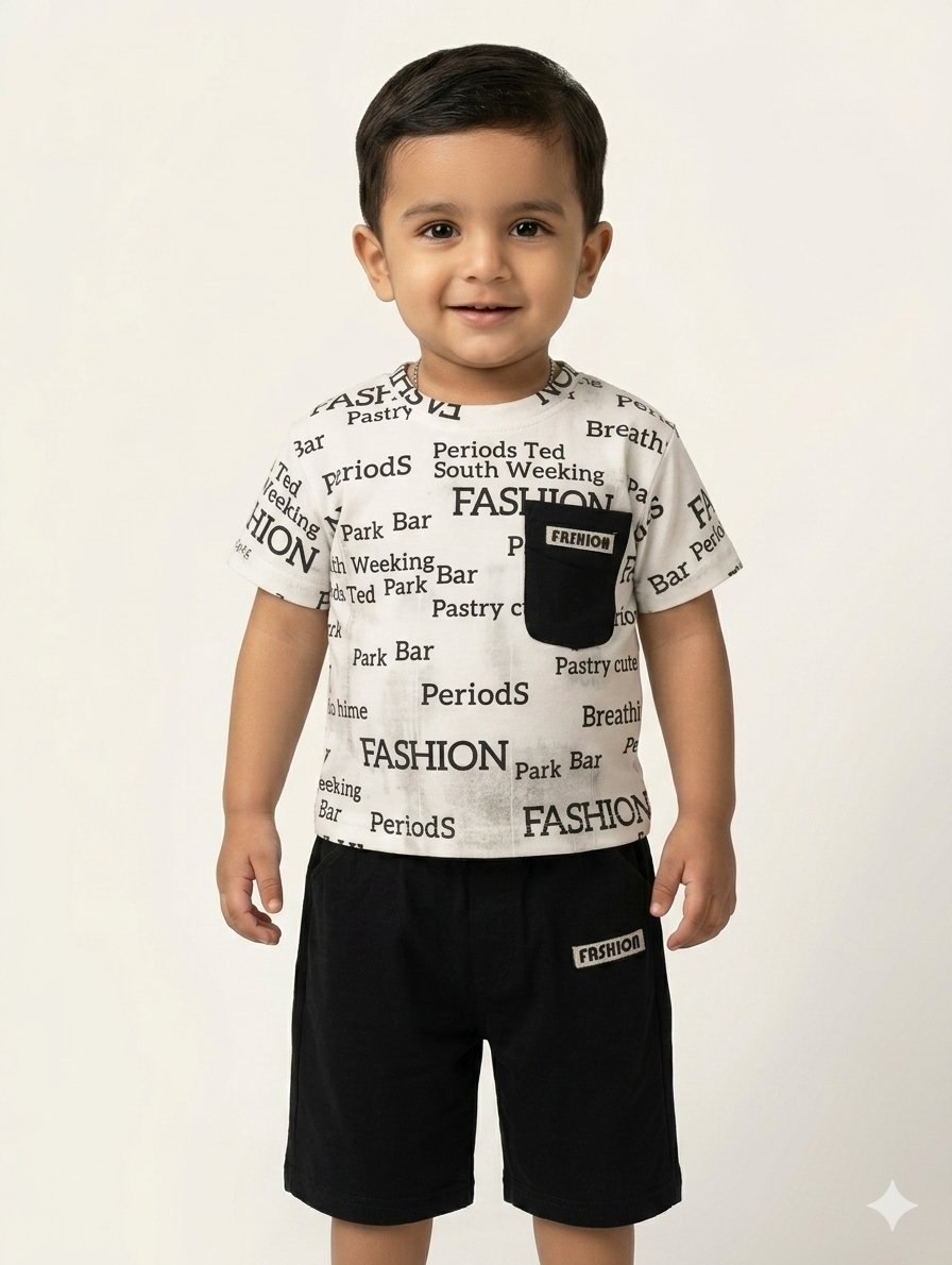 Boys Trendy All-Over Typographic Print T-Shirt and Matching Shorts Two-Piece Casual Summer Co-ord Set