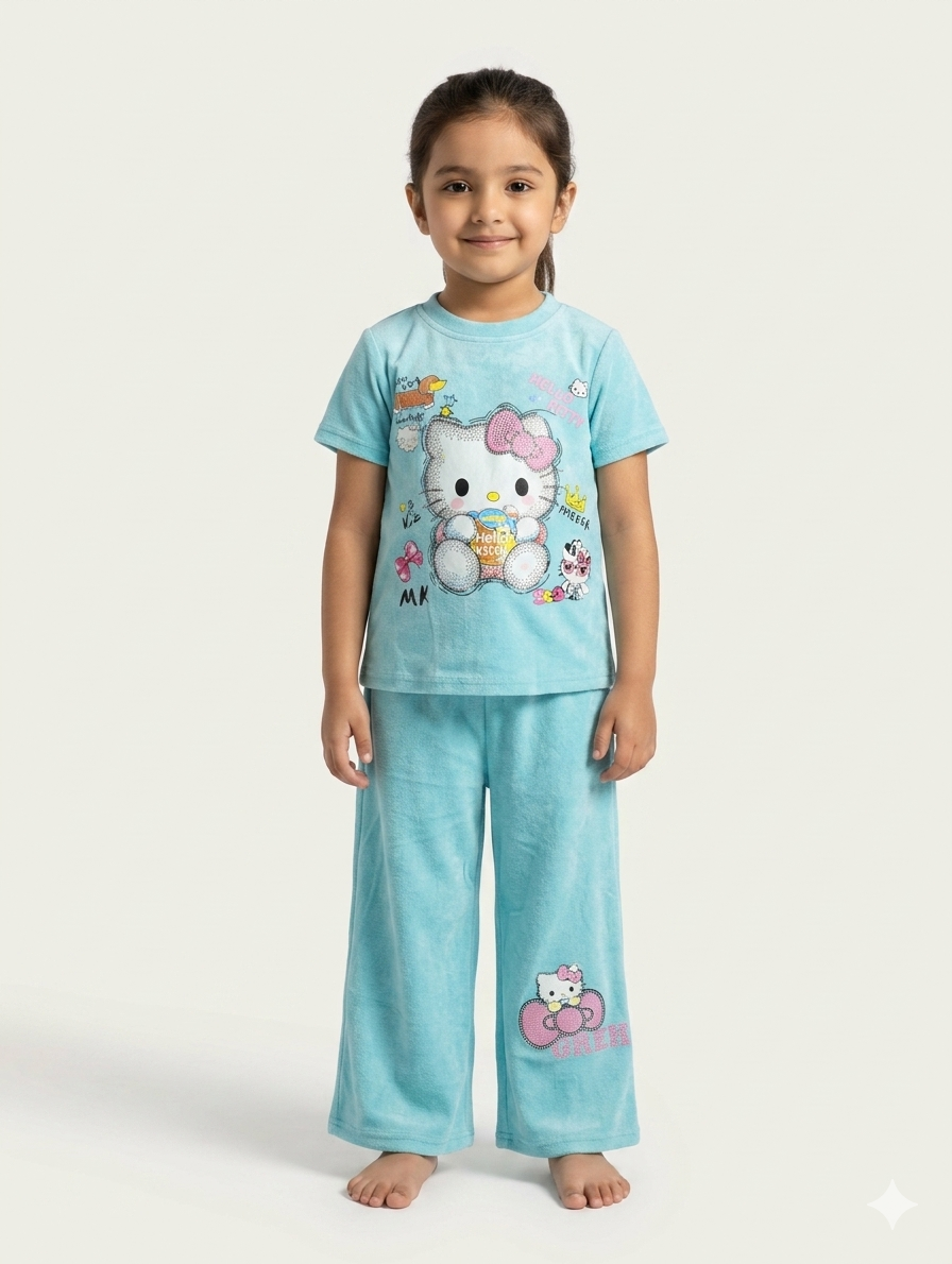 Girls Ultra Soft Velvet Lounge Set Featuring Iconic Character Graphics and Comfortable Wide Leg Pants