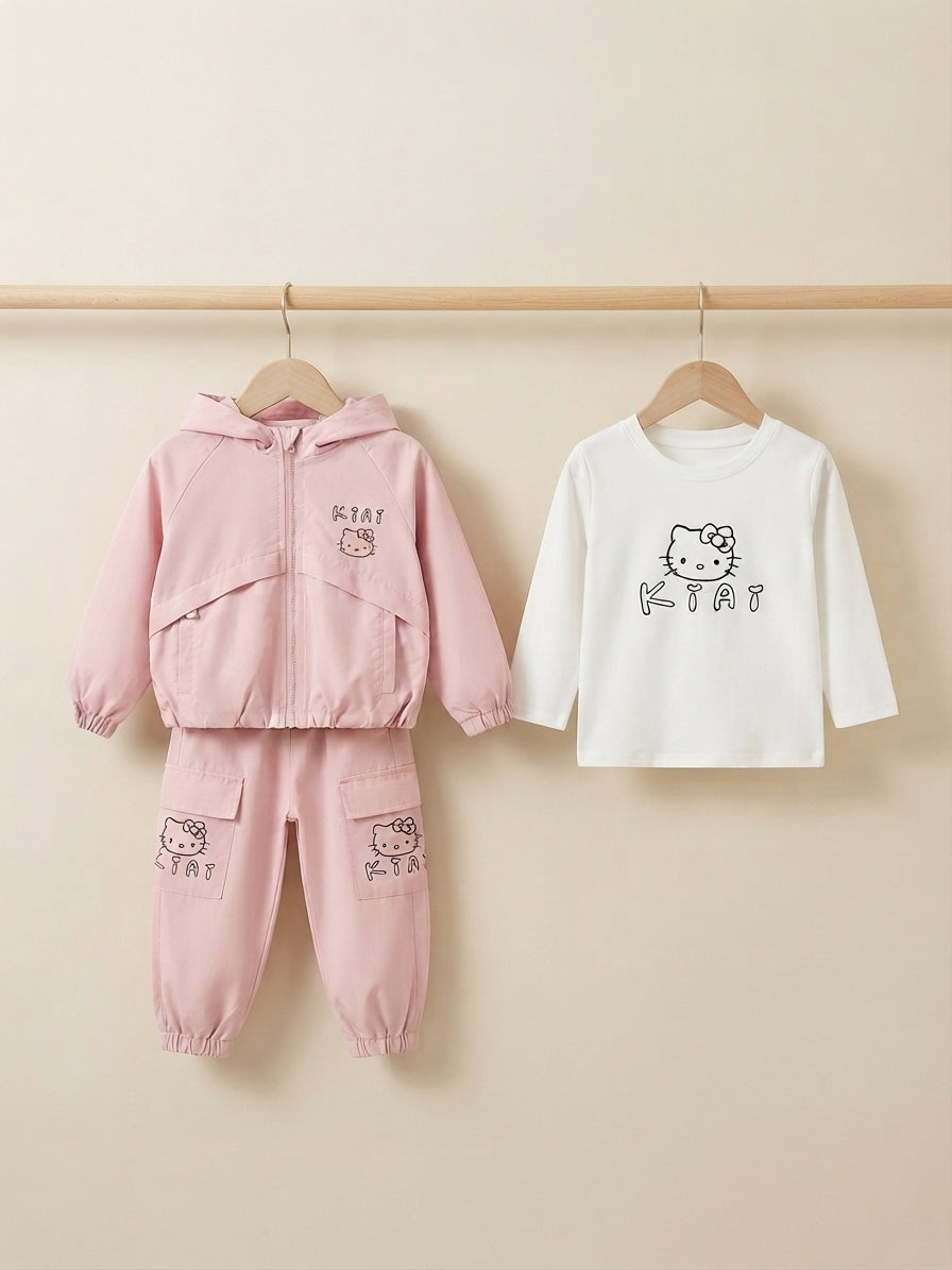 Kids cute 3 piece character tracksuit set with hoodie, inner t shirt, and trousers.