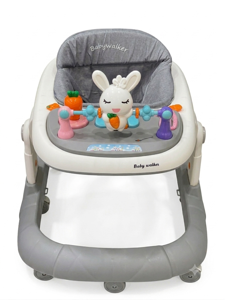 Adjustable Baby Walker with Interactive Toy Tray, Comfortable Padded Seat, Grey White