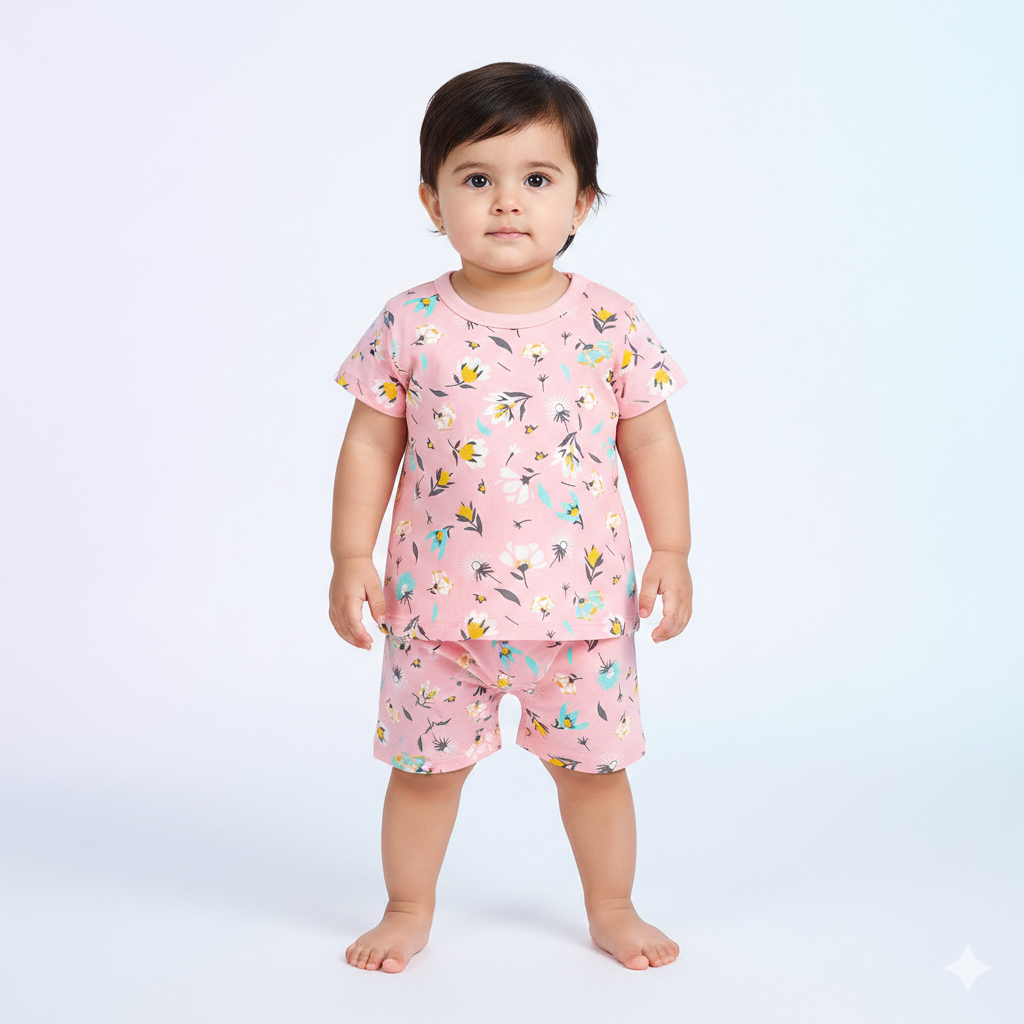 Beautiful Pink Floral Print Toddler Girls Summer Cotton T-Shirt and Shorts Garden Pajama Set 🌸