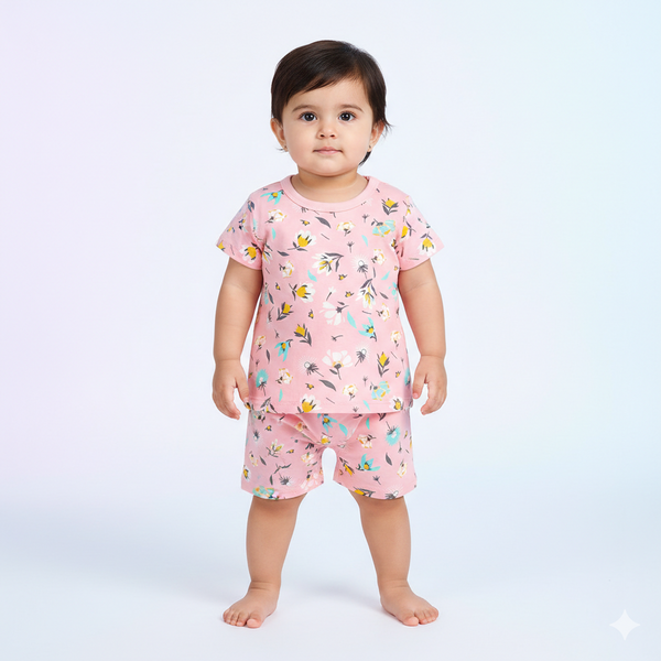 Beautiful Pink Floral Print Toddler Girls Summer Cotton T-Shirt and Shorts Garden Pajama Set 🌸