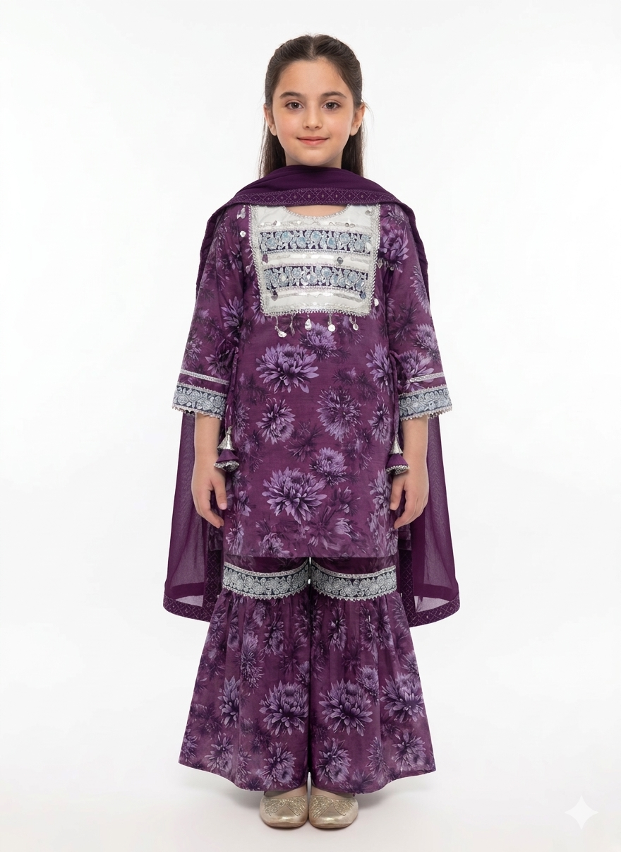 Girls Floral Printed Sharara Set With Embroidered Neckline And Chiffon Dupatta Three Piece Suit