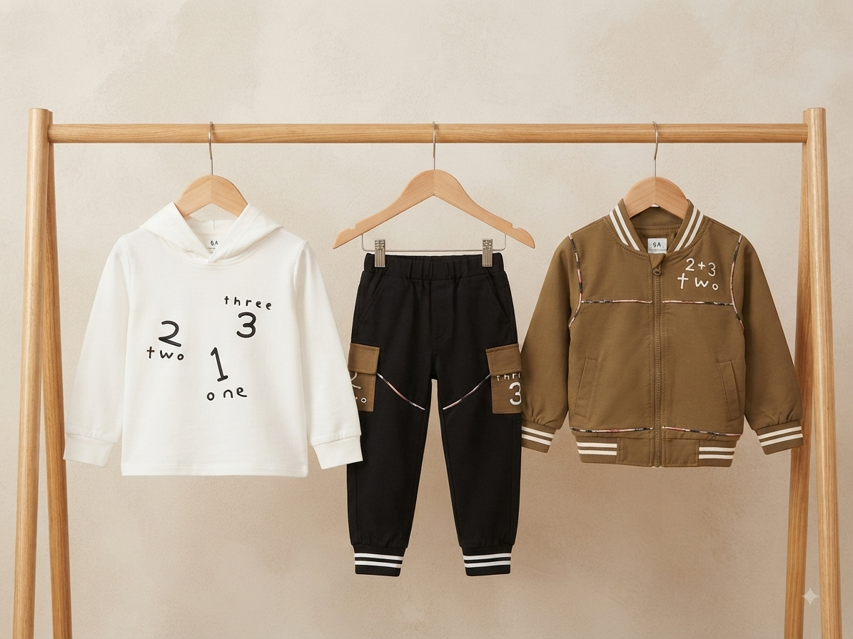 Kids stylish 3-piece winter outfit set featuring hoodie, trouser, and zip-up jacket.