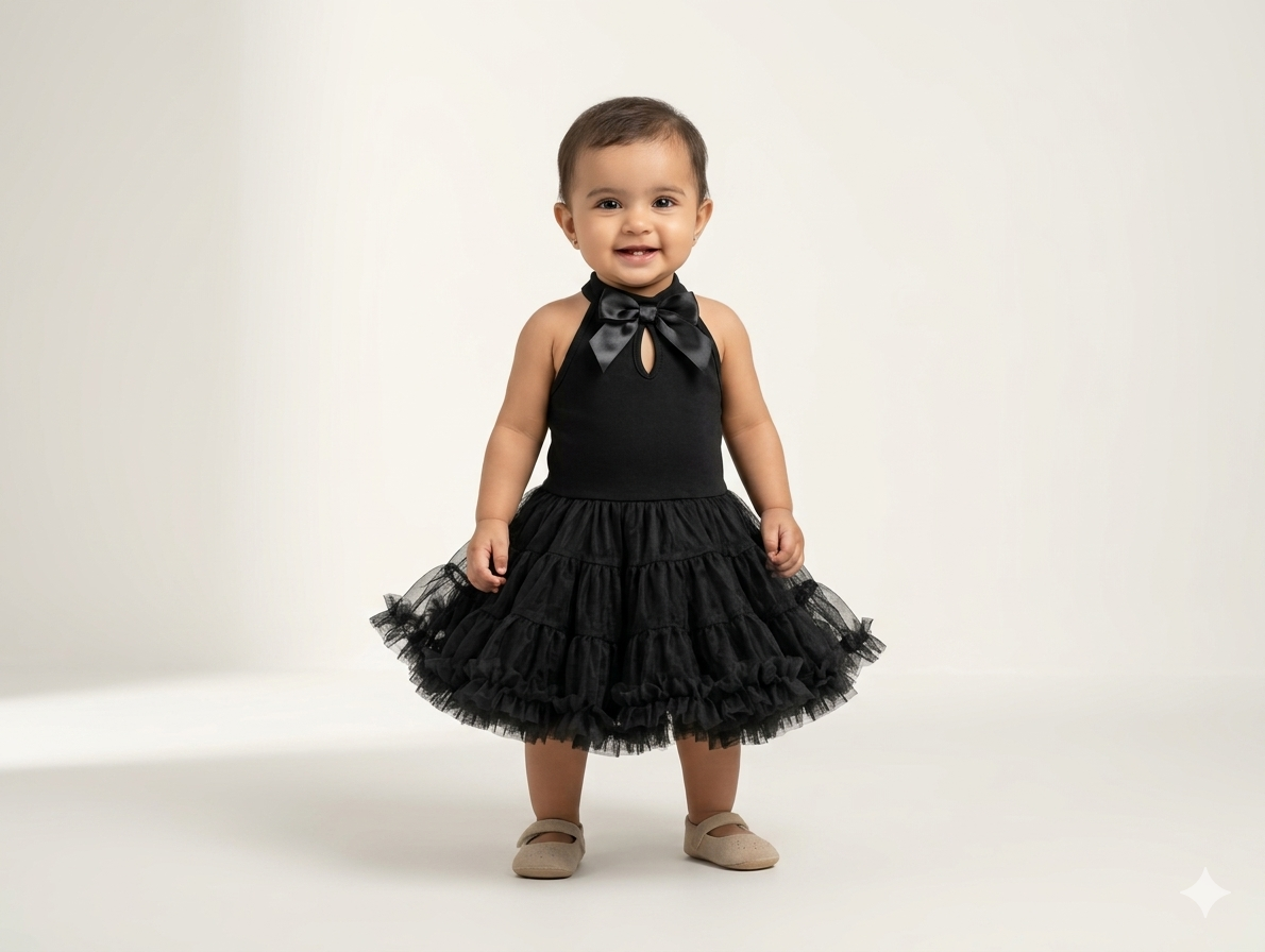 Elegant Toddler Girls Black Halter Tulle Tutu Dress with Satin Bow Accent and Ruffles