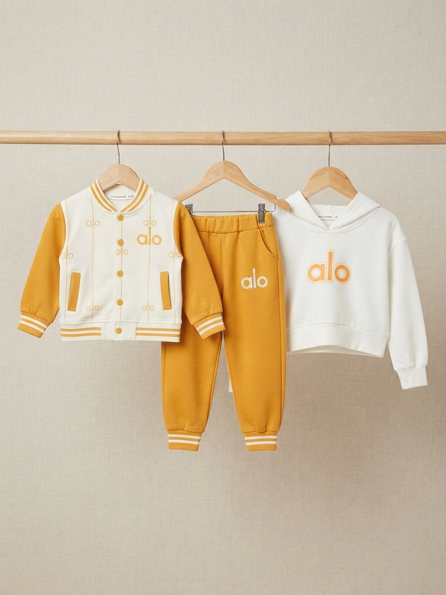 Trendy 3 Piece Alo Tracksuit Set With Jacket And Hoodie For Stylish Kids Casual Wear