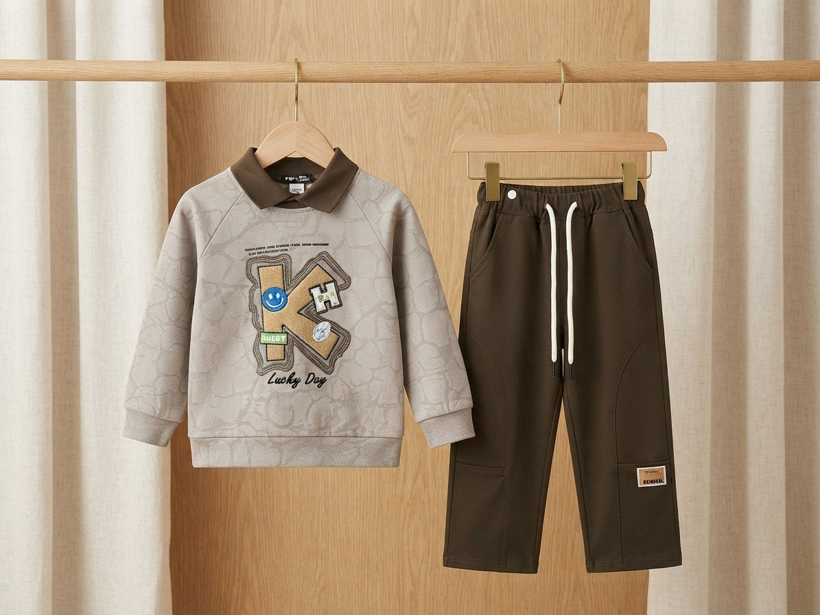 Stylish Kids Letter K Embroidered Collared Sweatshirt And Trouser Tracksuit Set
