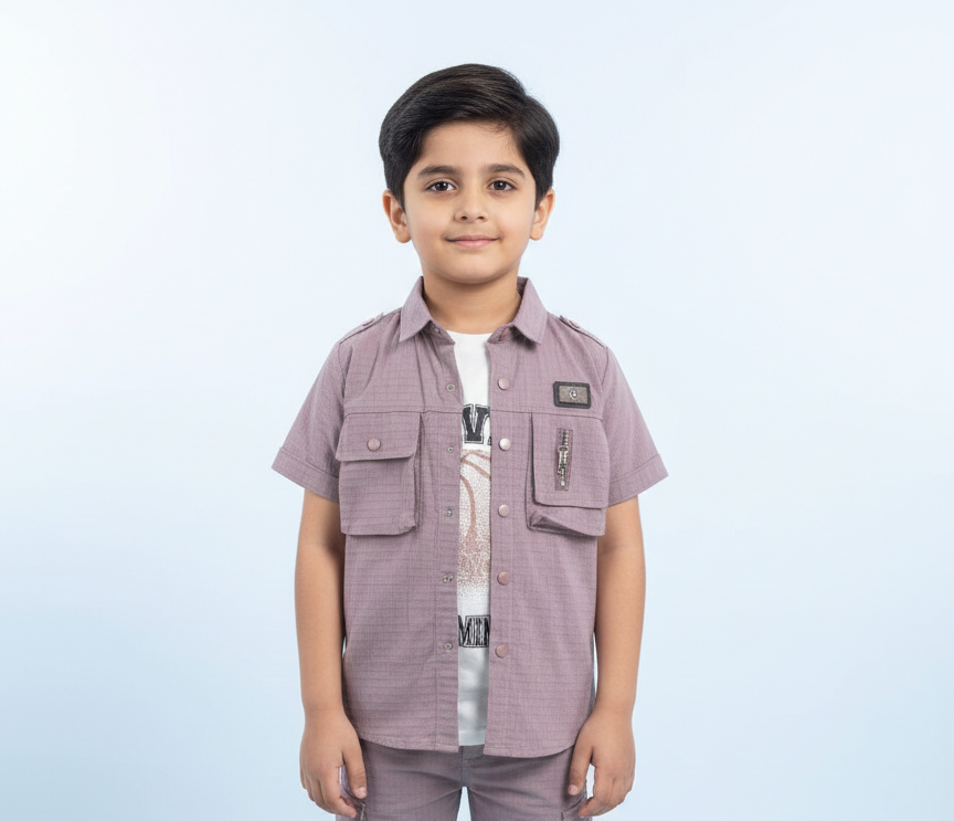 Boys Stylish 2 Piece Utility Cargo Outfit Featuring  Sleeve Shirt Vest