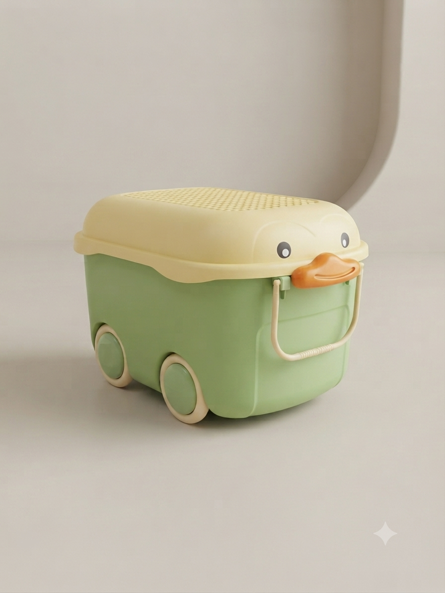 Cute Duck Shaped Kids Toy Storage Box With Rolling Wheels And Carrying Handle