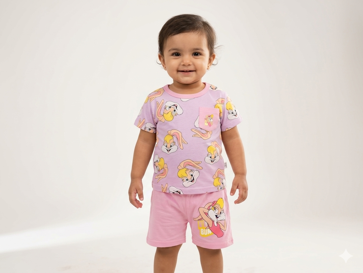 Girls Lola Bunny Character Print Cotton T-Shirt and Pink Shorts Two-Piece Summer Pajama Set