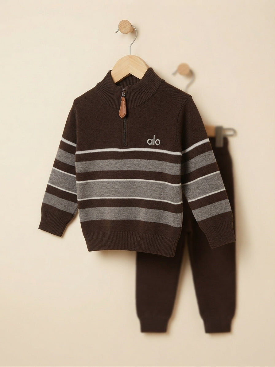 Cozy Kids Striped Quarter Zip Pullover Sweater And Matching Jogger Pants Winter Outfit Set
