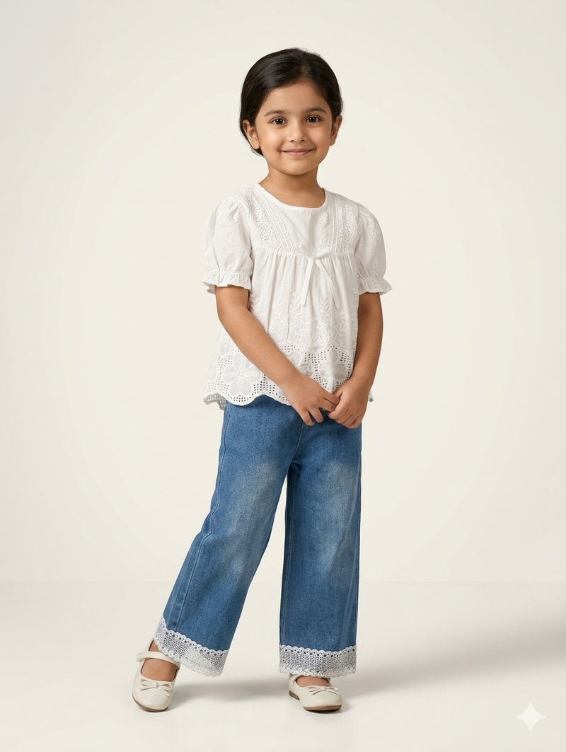 Girls White Embroidered Eyelet Blouse and Lace Hem Denim Wide Leg Two Piece Set