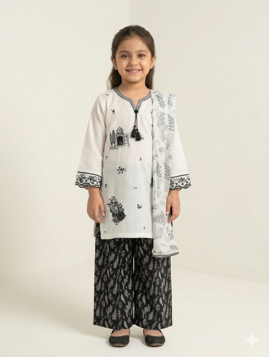 Elegant Girls' Three-Piece Embroidered Shalwar Kameez Set With Printed Trousers And Matching Light Dupatta