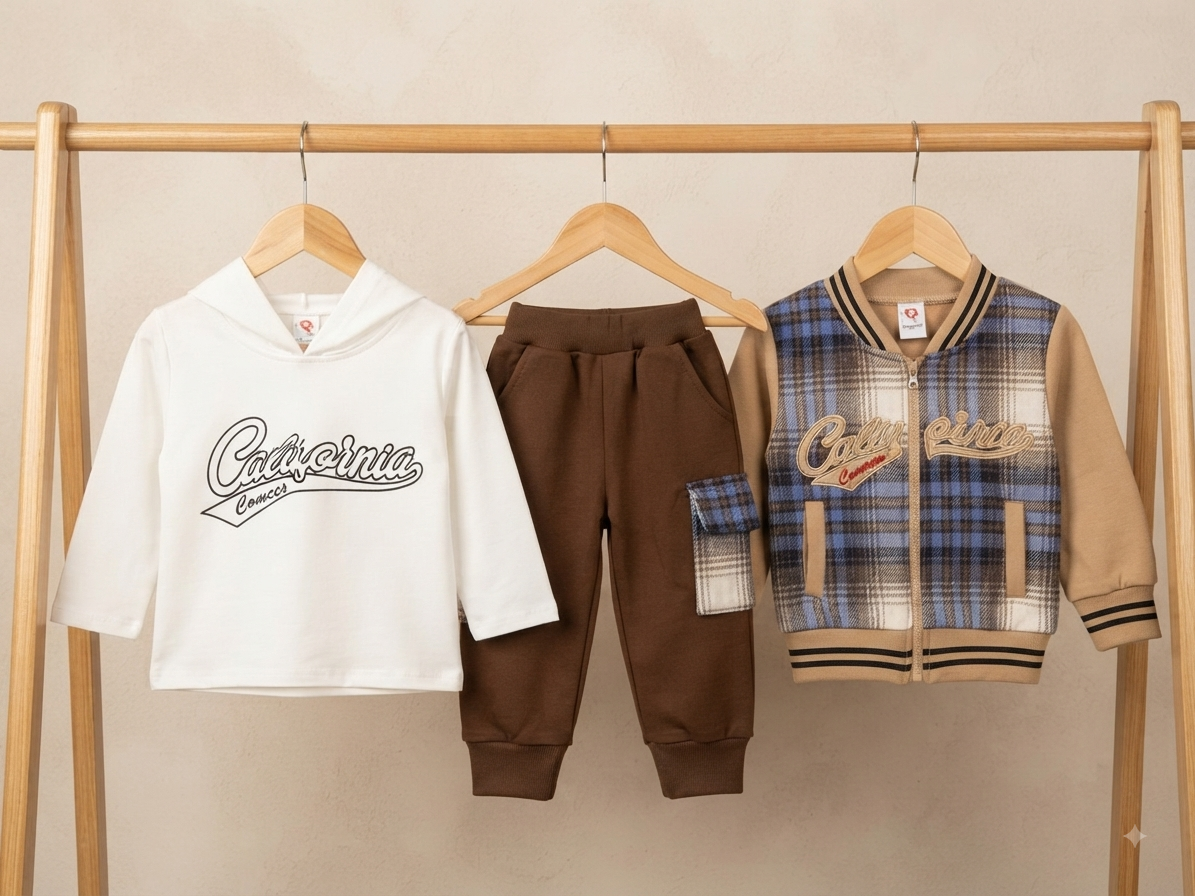 Kids stylish 3 piece winter outfit set featuring hoodie, cargo pants, and plaid jacket.