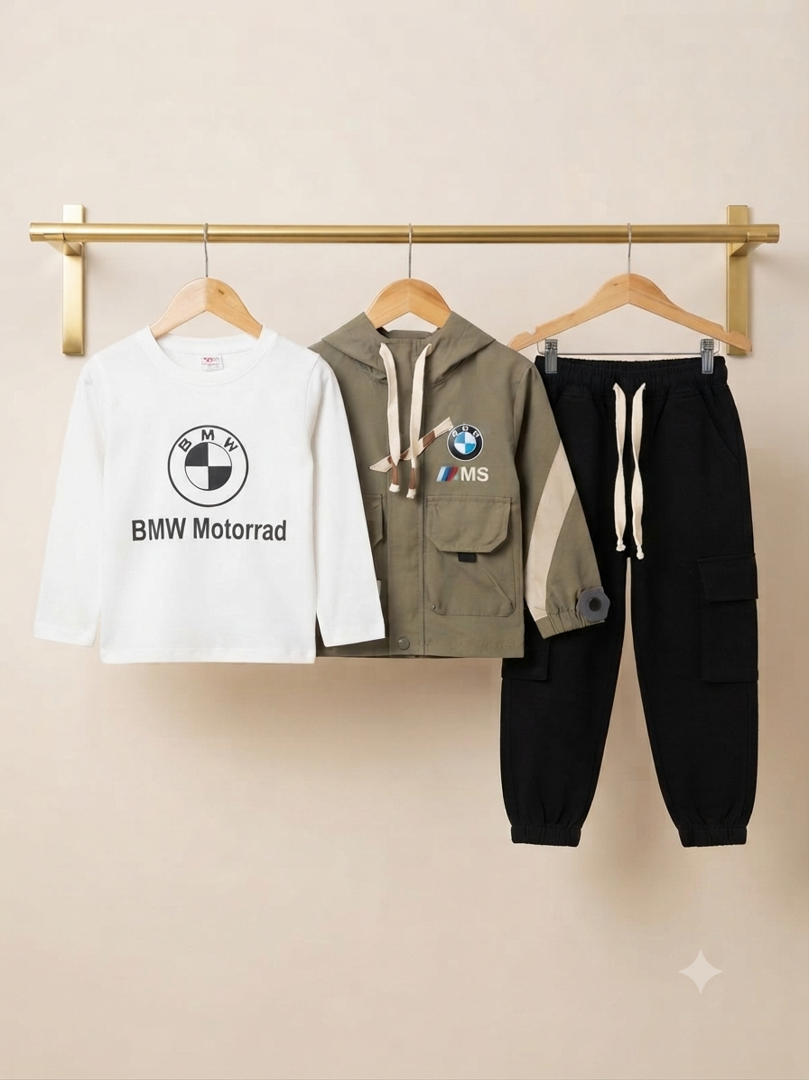 Title: 3-Piece Boys BMW Motorrad Outfit: Long-Sleeve Tee, Utility Jacket, and Cargo Pants