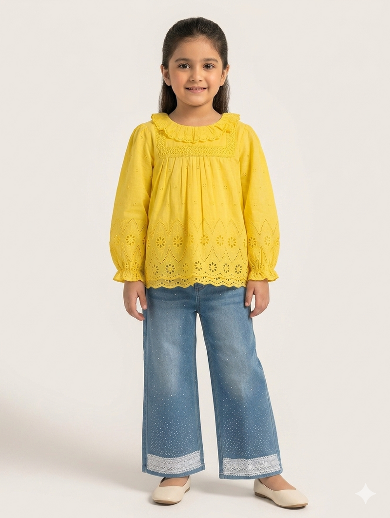 Charming Girls Eyelet Embroidered Cotton Blouse with Scalloped Trim and Sparkly Embellished Denim Wide-Leg Jeans