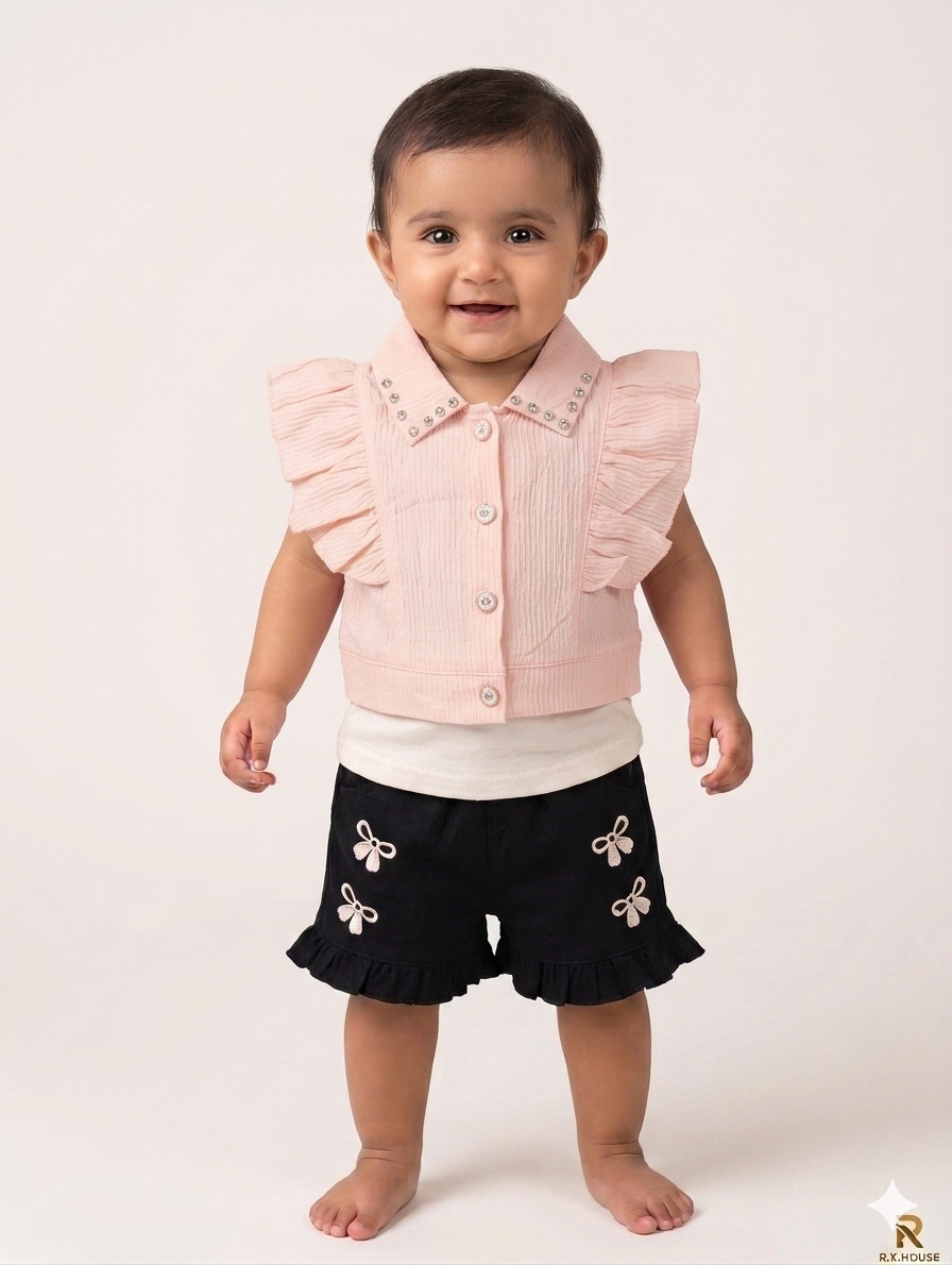 Adorable Baby Girl Three-Piece Set with Ruffled Vest and Bow-Detailed Shorts in Three Colors