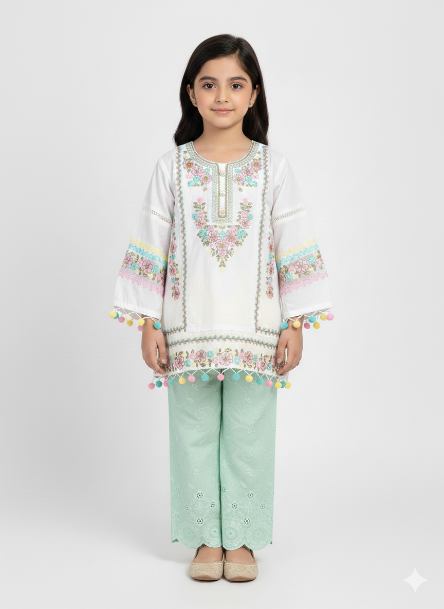 Girls' Pastel Embroidered Cotton Kurta Set with Pom-Pom Trim and Stylish Scalloped Trousers