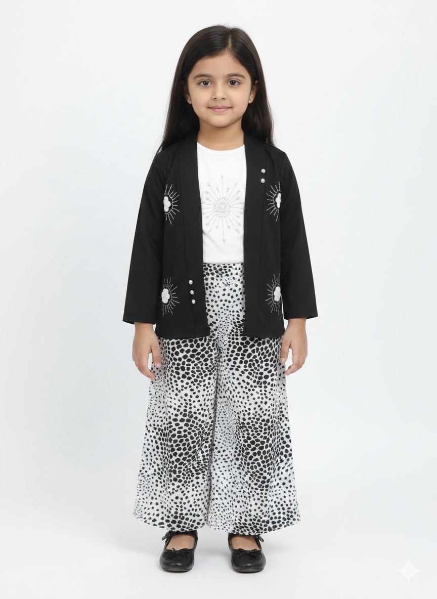 Elegant 3-Piece Black Blazer and Spotted Palazzo Set for Girls - Stylish Party Wear