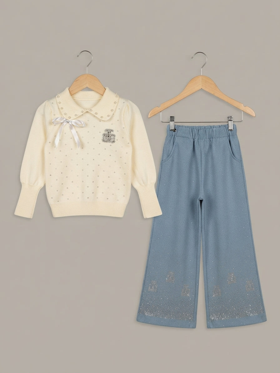 Stylish Kids Two Piece Outfit Set With Beaded Collar Knitted Sweater And Pent