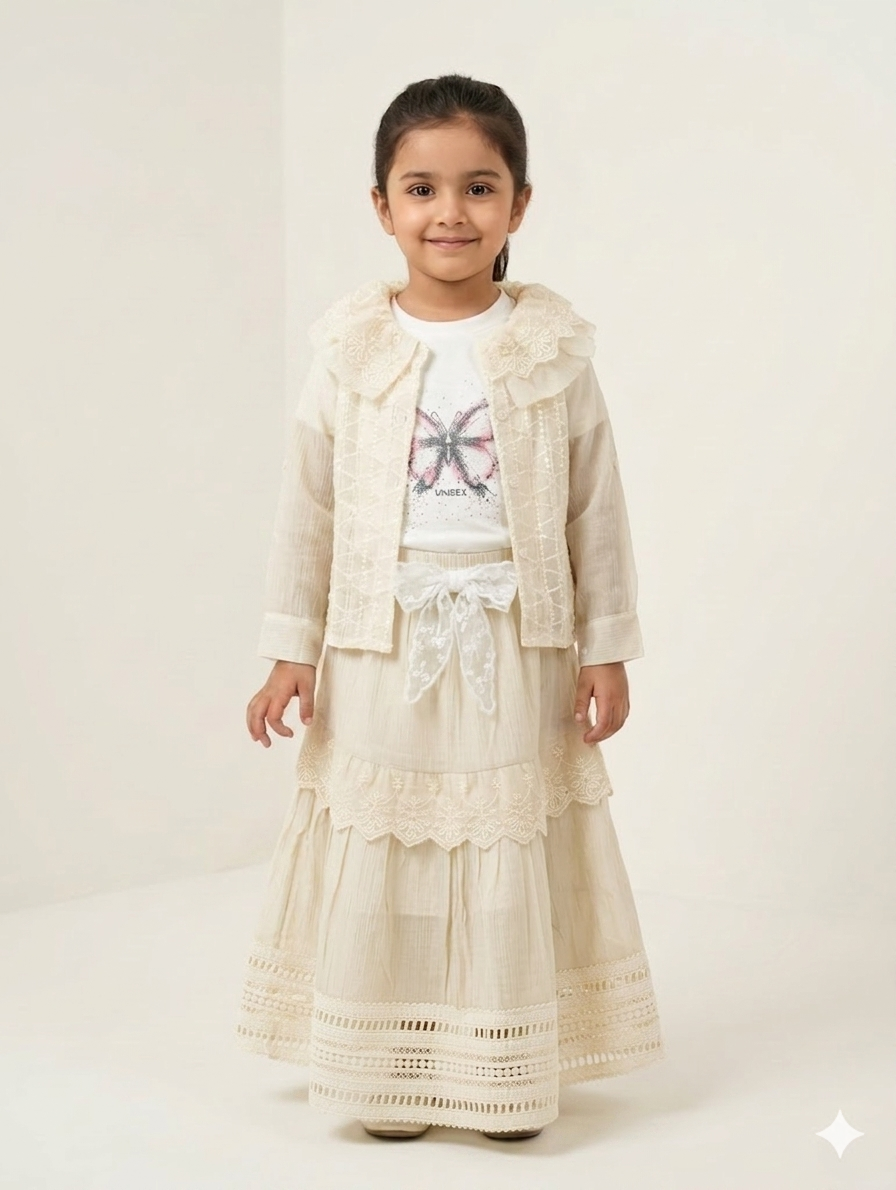 Elegant Girls' Three-Piece Embroidered Lace Maxi Skirt Set with Butterfly Print Tee and Jacket