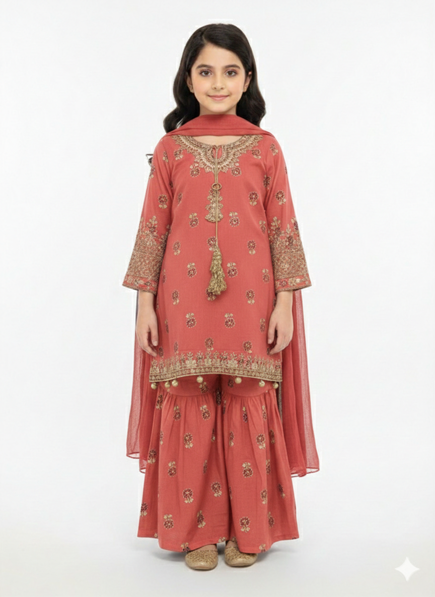 Elegant Girls' Traditional Embroidered Sharara Set With Gold Tassels And A Matching Chiffon Dupatta