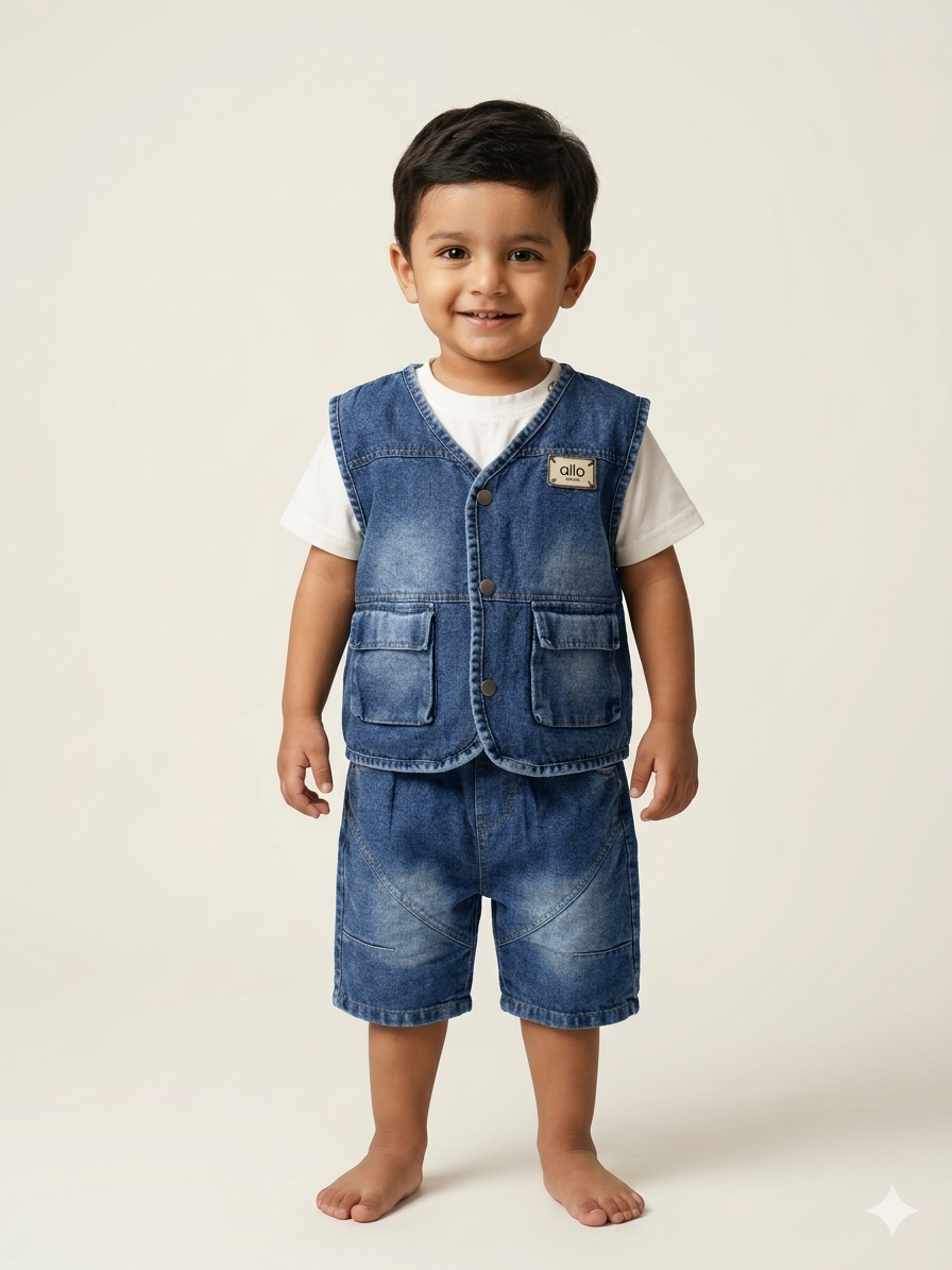 Boys Three-Piece Denim Waistcoat and Shorts Set with White Tee - Trendy Summer Outfit