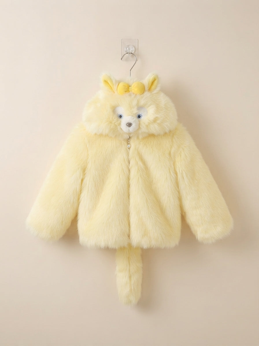 Adorably Plush Pink Faux Fur Cat Hoodie Jacket Featuring Cute Ears And Detachable Tail