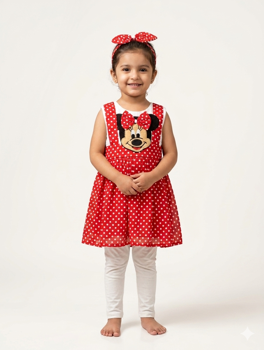 Girls Minnie Mouse Polka Dot Pinafore Dress with Matching Headband and White Leggings Set