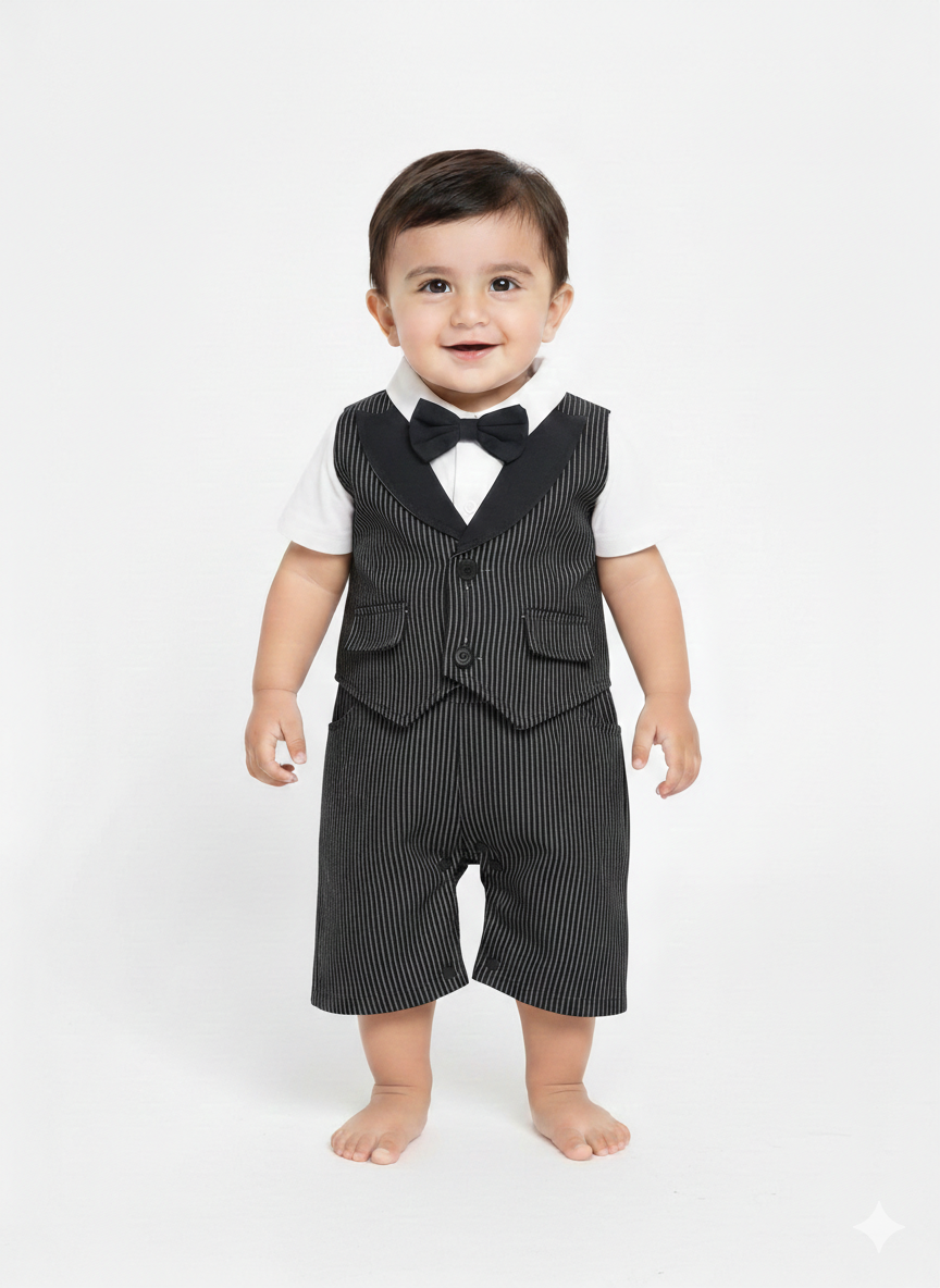 Baby Boy Formal Tuxedo Romper - Gentleman Vest & Bow Tie One-Piece Special Occasion Suit