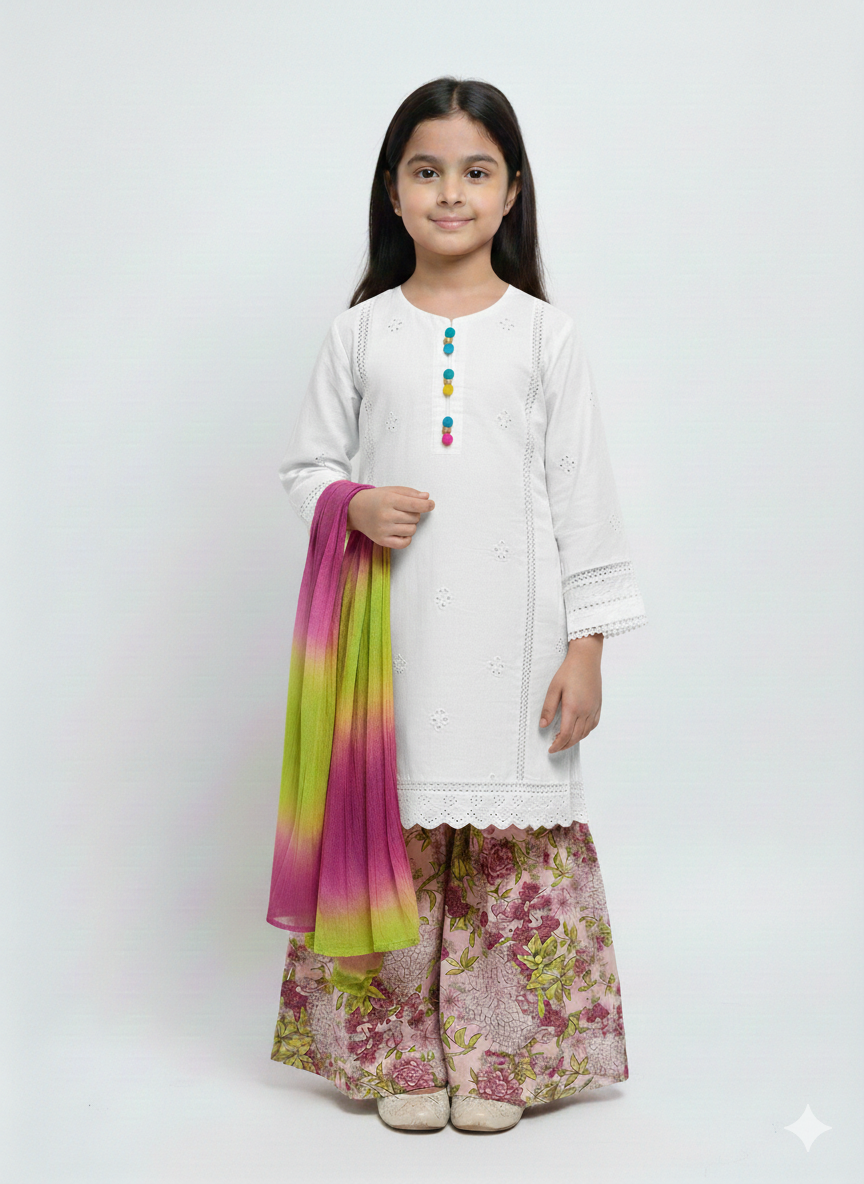 Girls' Chic Chikankari Kurta with Floral Wide-Leg Trousers and Vibrant Ombré Dupatta - 3-Piece Set