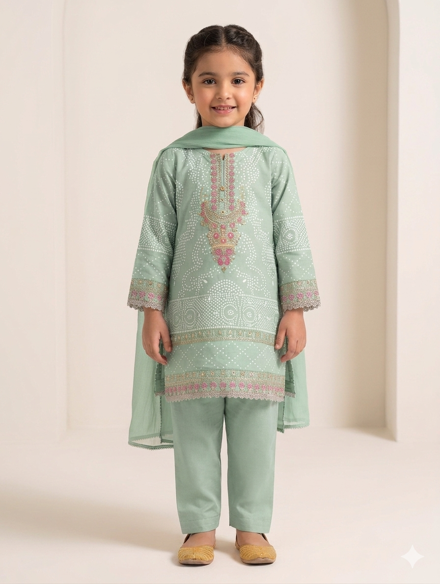 Kids Festive Chunky Embroidery Bandhani Print Three Piece Suit Set With Net Dupatta Outfit