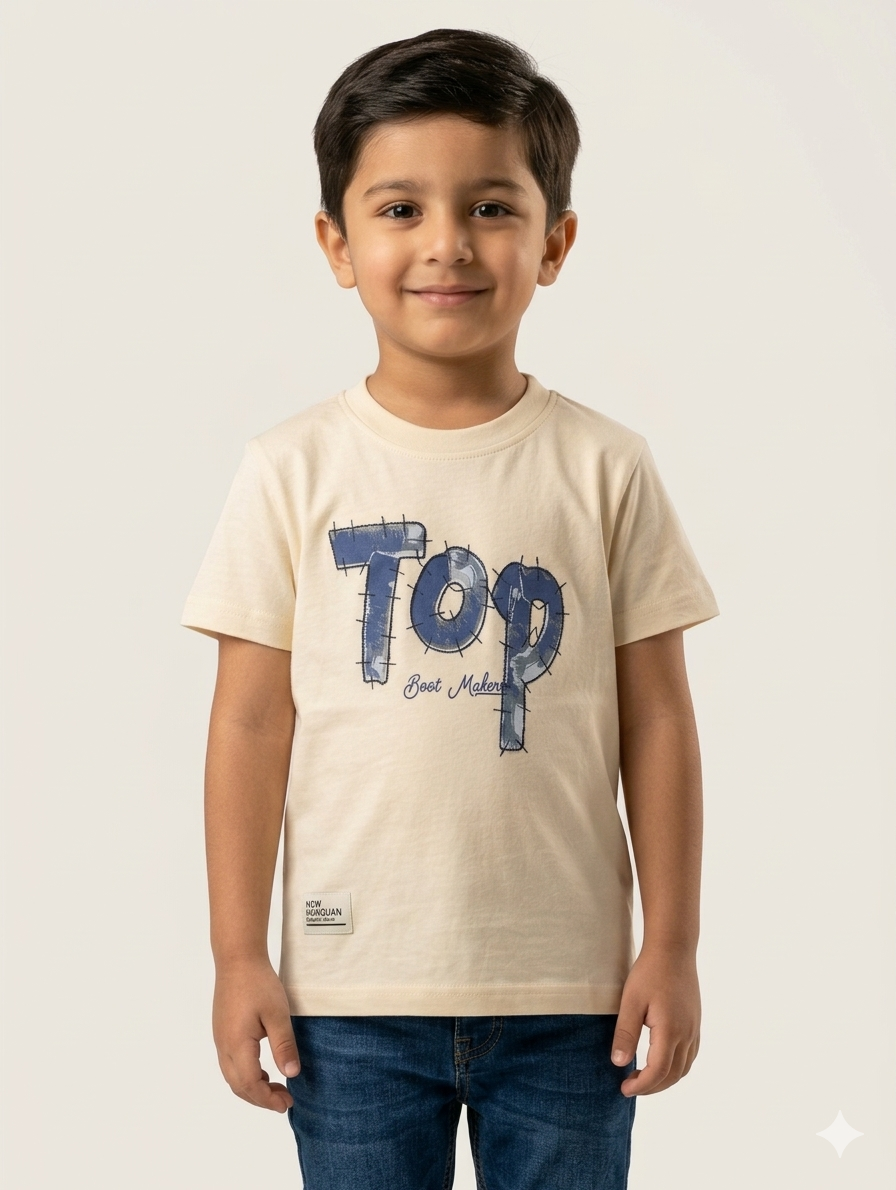 Boys Casual Cotton Graphic T-Shirt with Unique Patchwork Letter Print and Soft Ribbed Crewneck