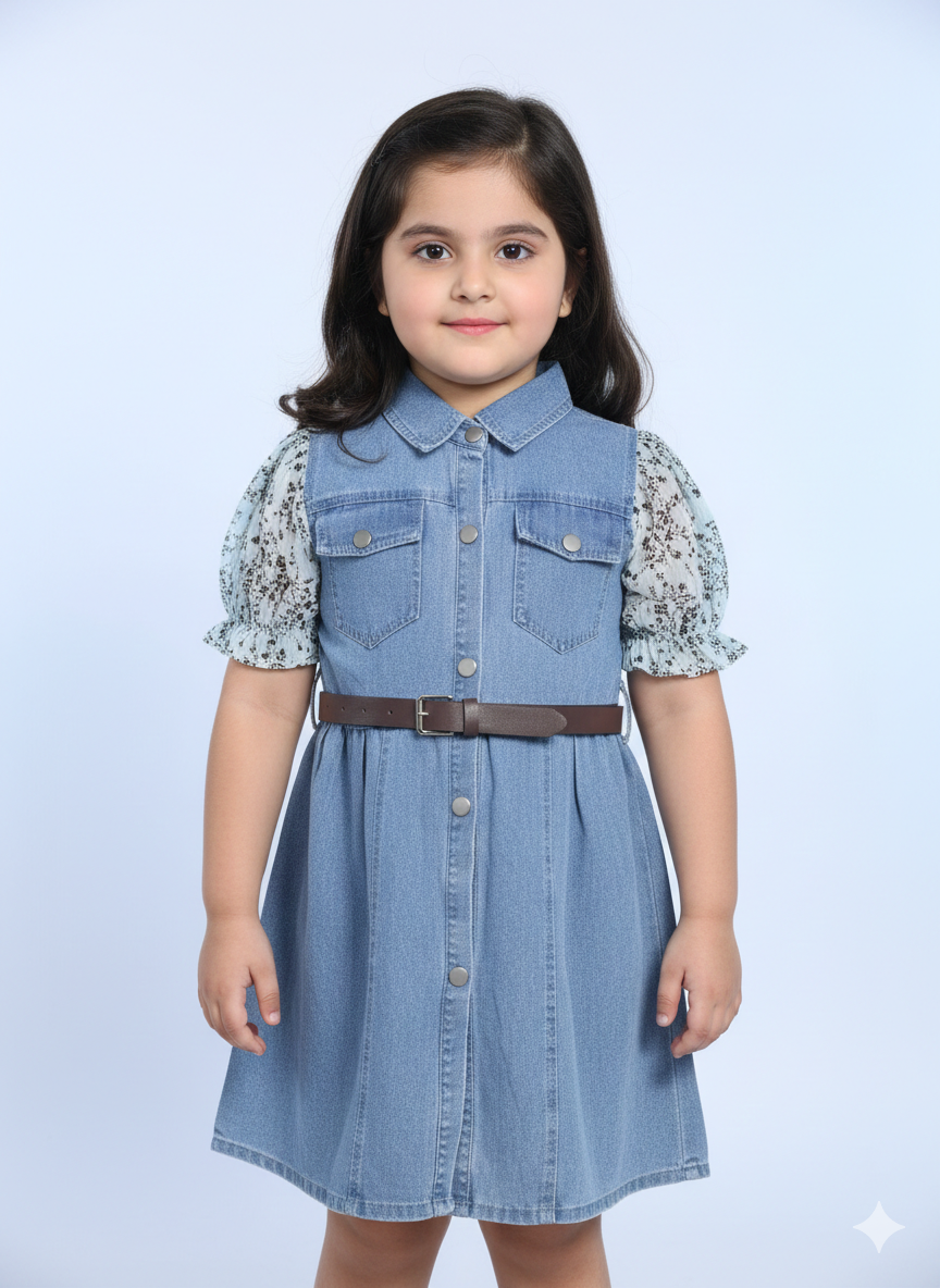 Girls Stylish Denim Button Down Dress Featuring Floral Puff Sleeves And A Brown Waist Belt