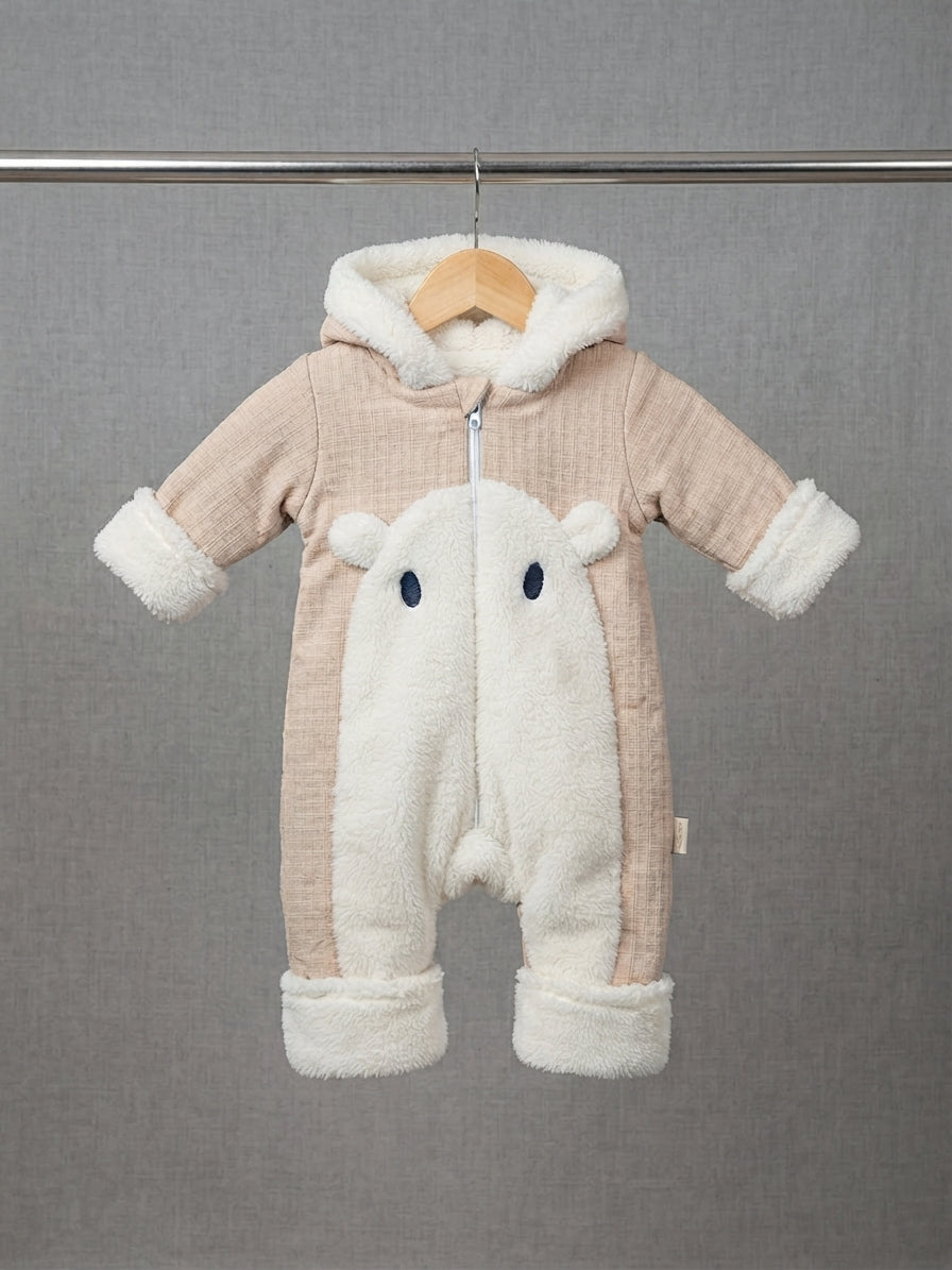 Baby Hooded Sherpa Romper With Cute Bear Panel And Front Zipper