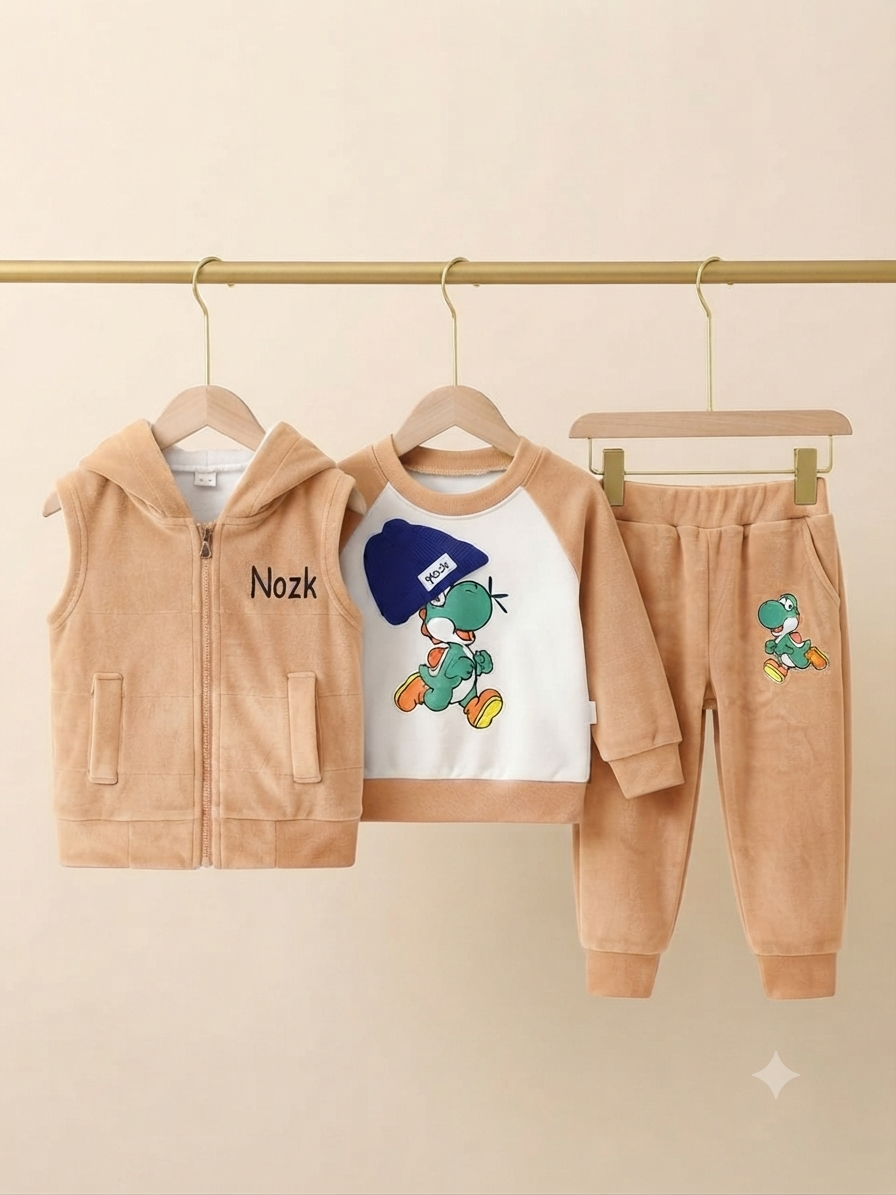 Kids Dinosaur Print 3-Piece Fleece Outfit Set with Hooded Vest for Boys