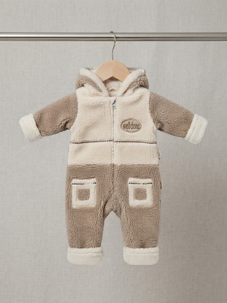 Baby Hooded Sherpa Colorblock Romper With Front Pockets And Zipper