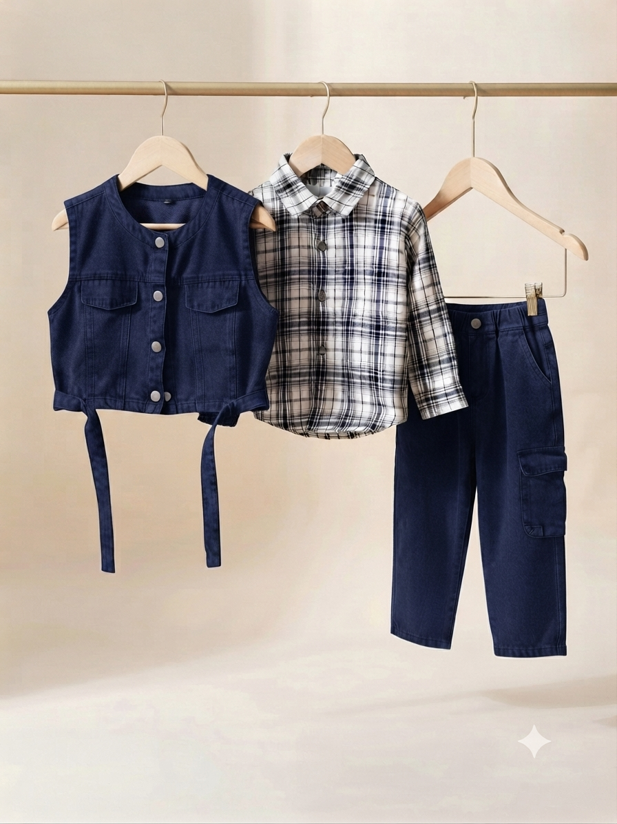 Stylish Kids 3-Piece Outfit Set With Denim Vest Plaid Shirt And Cargo Pants