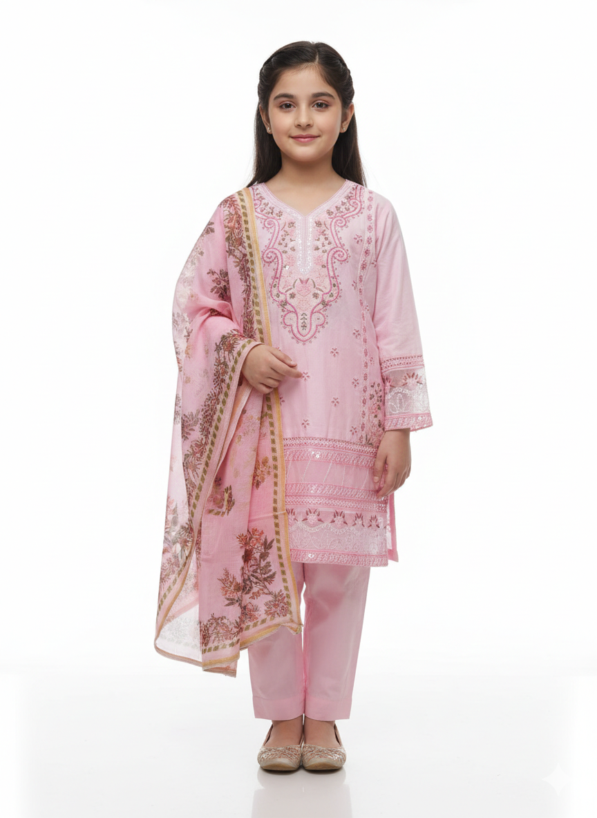 Girls' Formal Embroidered Kurta Set with Floral Print Dupatta and Matching Straight Trousers Ensemble