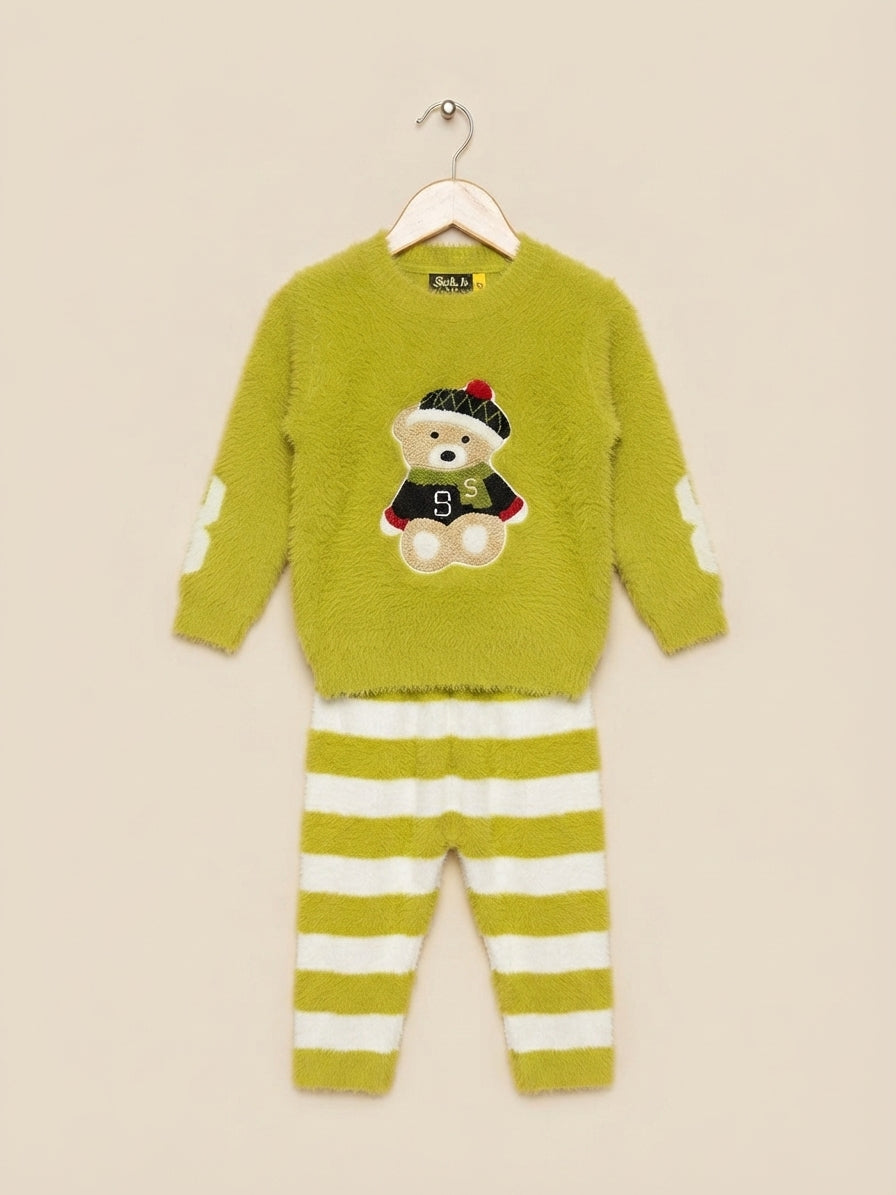 Fluffy Kids Winter Bear Graphic Sweater And Striped Trouser Outfit Set