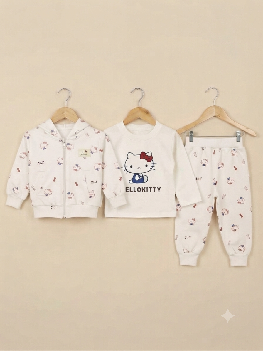 Girls Hello Kitty 3-Piece Winter Outfit Set Featuring Cute Hoodie Sweatshirt And Full Length Trouser