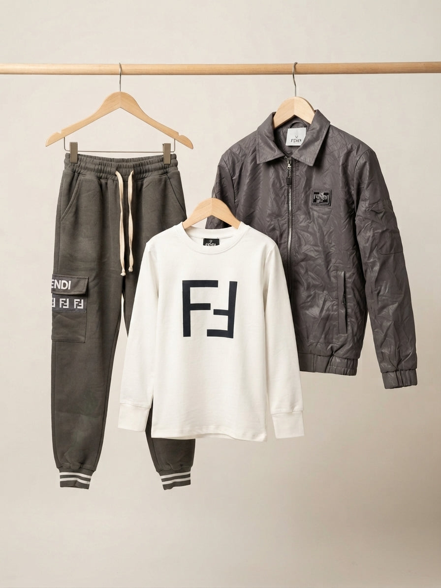 Kids Designer Style Leather Jacket Crewneck Shirt And Cargo Trouser 3 Piece Set
