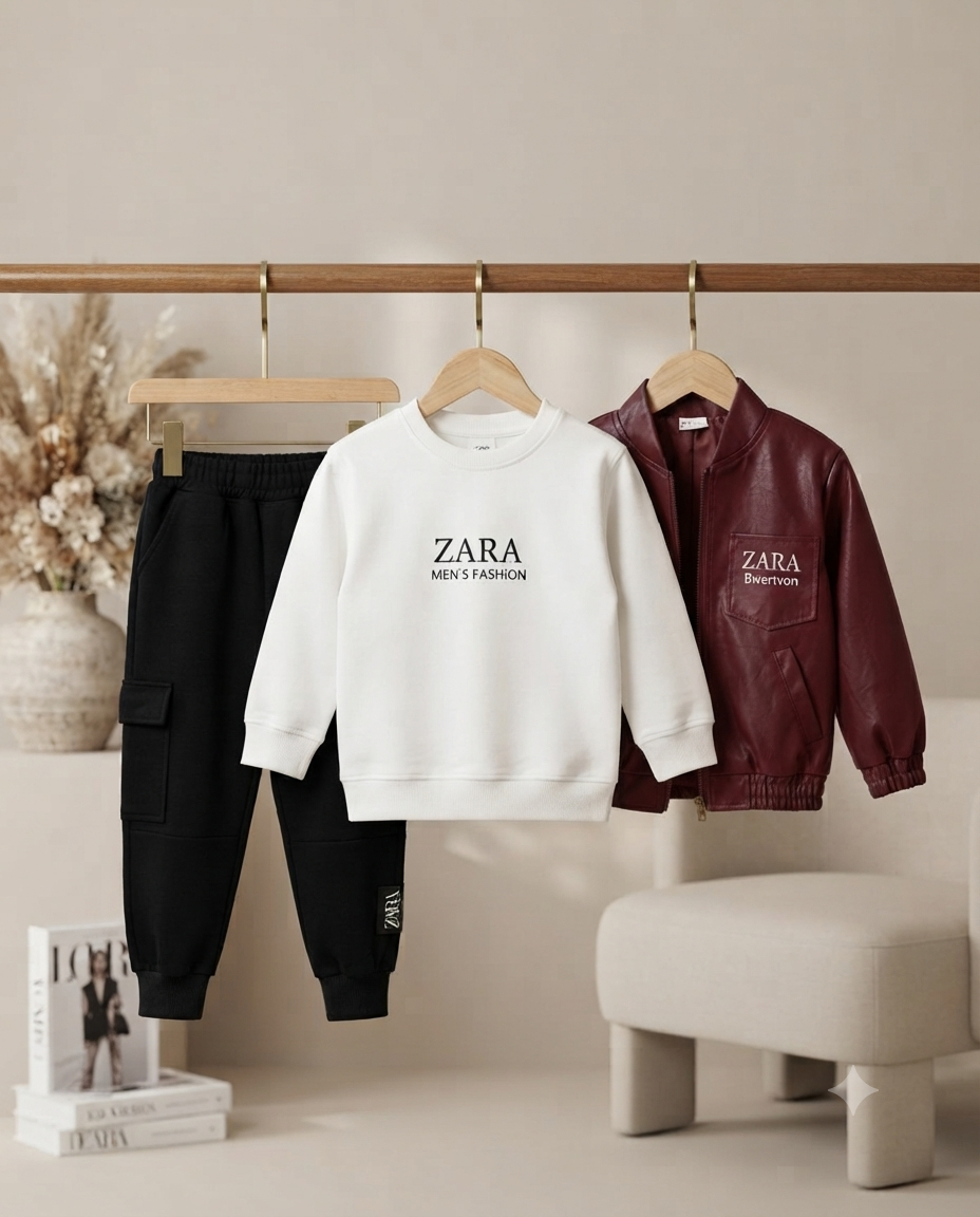 Zara Boys 3-Piece Casual Outfit Set: Sweatshirt, Cargo Pants, And Faux Leather Jacket