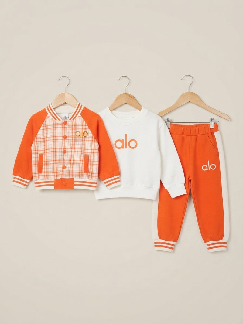 Kids Orange and White Varsity Jacket White Hoodie and Jogger Pants Set