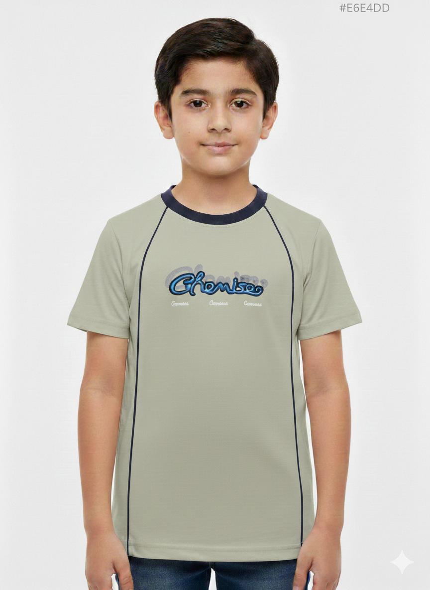 Smart Boys Casual Cream T-Shirt With Contrast Piping And Stylish Graphic Logo Detail