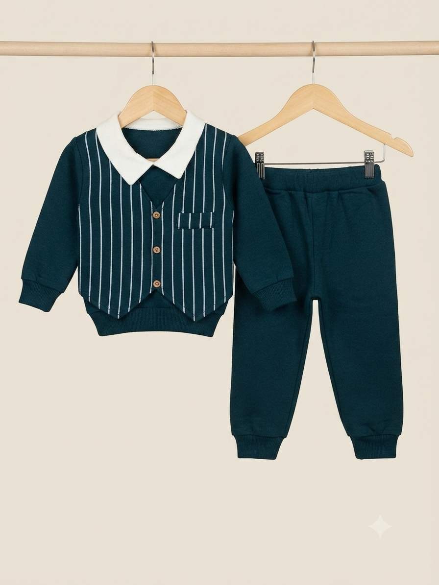 Kids Stylish Fake Waistcoat Style Shirt And Full Length Trouser Winter Outfit Set