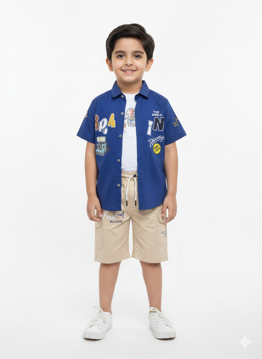 Kids Trendy Graphic Summer Set: Vibrant Shirt & Cargo Shorts Outfit