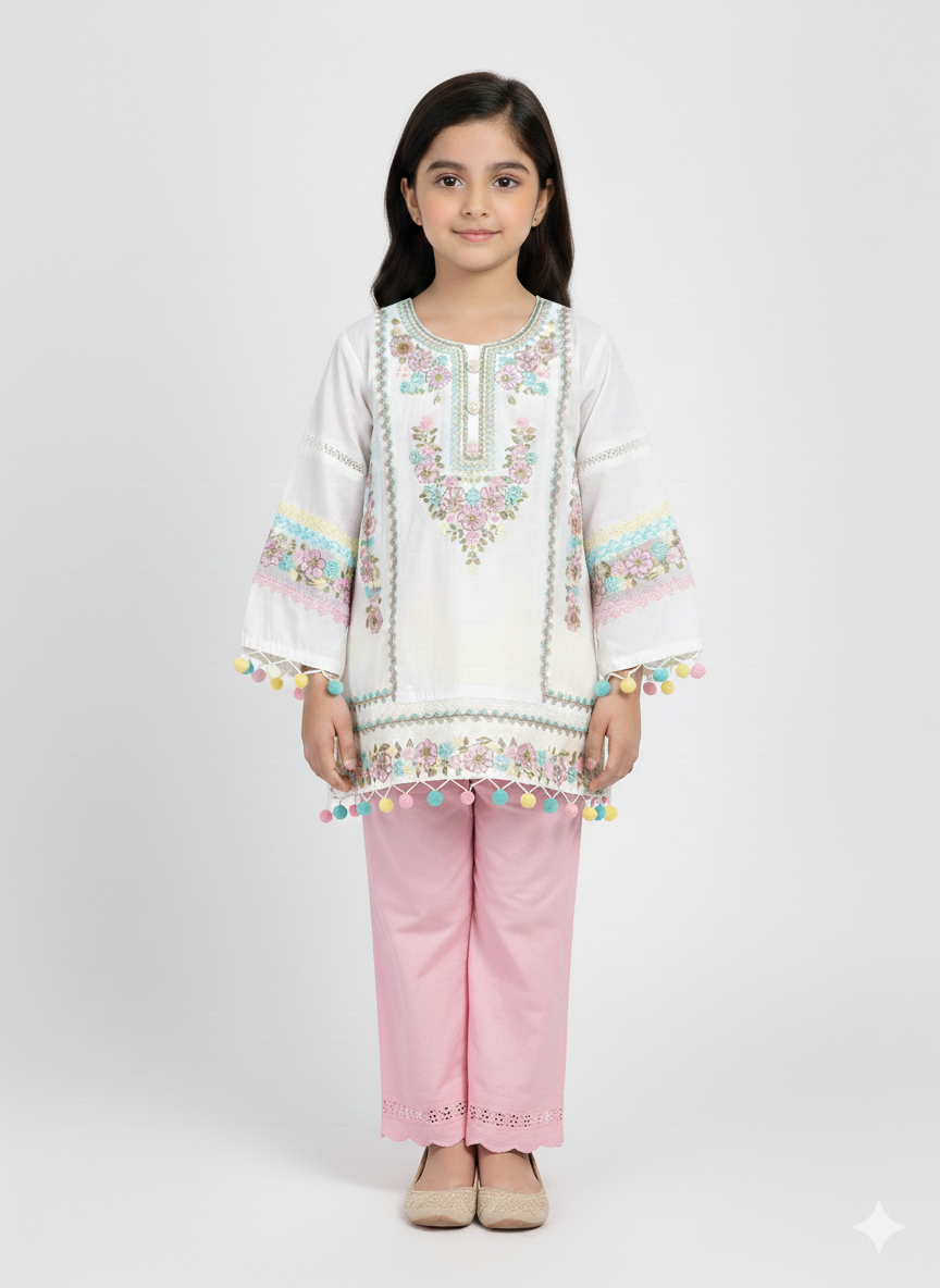 Girls' Pastel Embroidered Cotton Kurta Set with Pom-Pom Trim and Stylish Scalloped Trousers