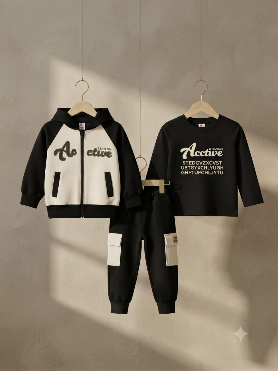 Premium Kids 3-Piece Winter Outfit Set Featuring Zip-Up Hoodie, Long Sleeve Shirt, And Trousers